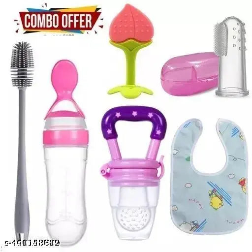 New Baby Combo Silicone BPA Free Teether, Fruit Nibbler, Spoon Bottle, Bib, Finger Brush , Bottle Cleaning Brush (combo of 6)