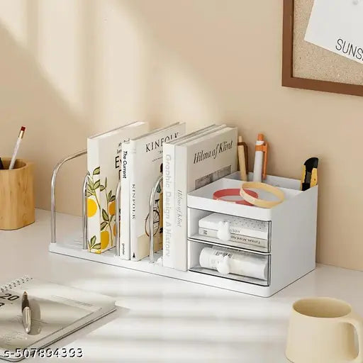 Plastic Desk Organizer with Drawers & Stationery Holder – 4-Compartment Collapsible Magazine File Holder for Office, Home & Study Table Storage - White