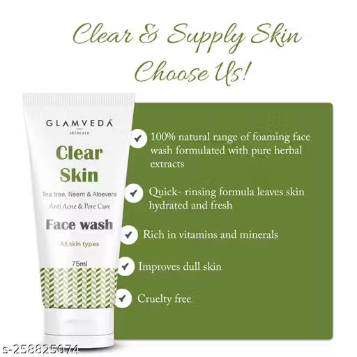 Glamveda Clear Skin Tea tree, Neem & Aloe Anti Acne Face Wash | For Oily & Acne Prone Skin | No Paraben, SLS | Pack of 3