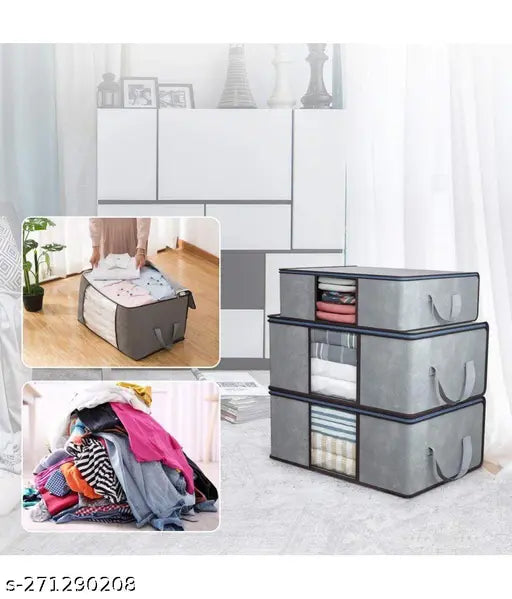 Craft Bazar Combo Of 3 Underbed Storage Bag With Side Handles Storage Organizer Blanket/Storage Bag for Wardrobe Organizer Blanket Cover with a large Transparent Window