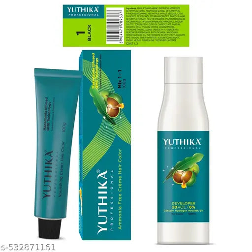Yuthika Professional Creme Hair Color 100gm, Natural Black With Developer 1L 20VOL