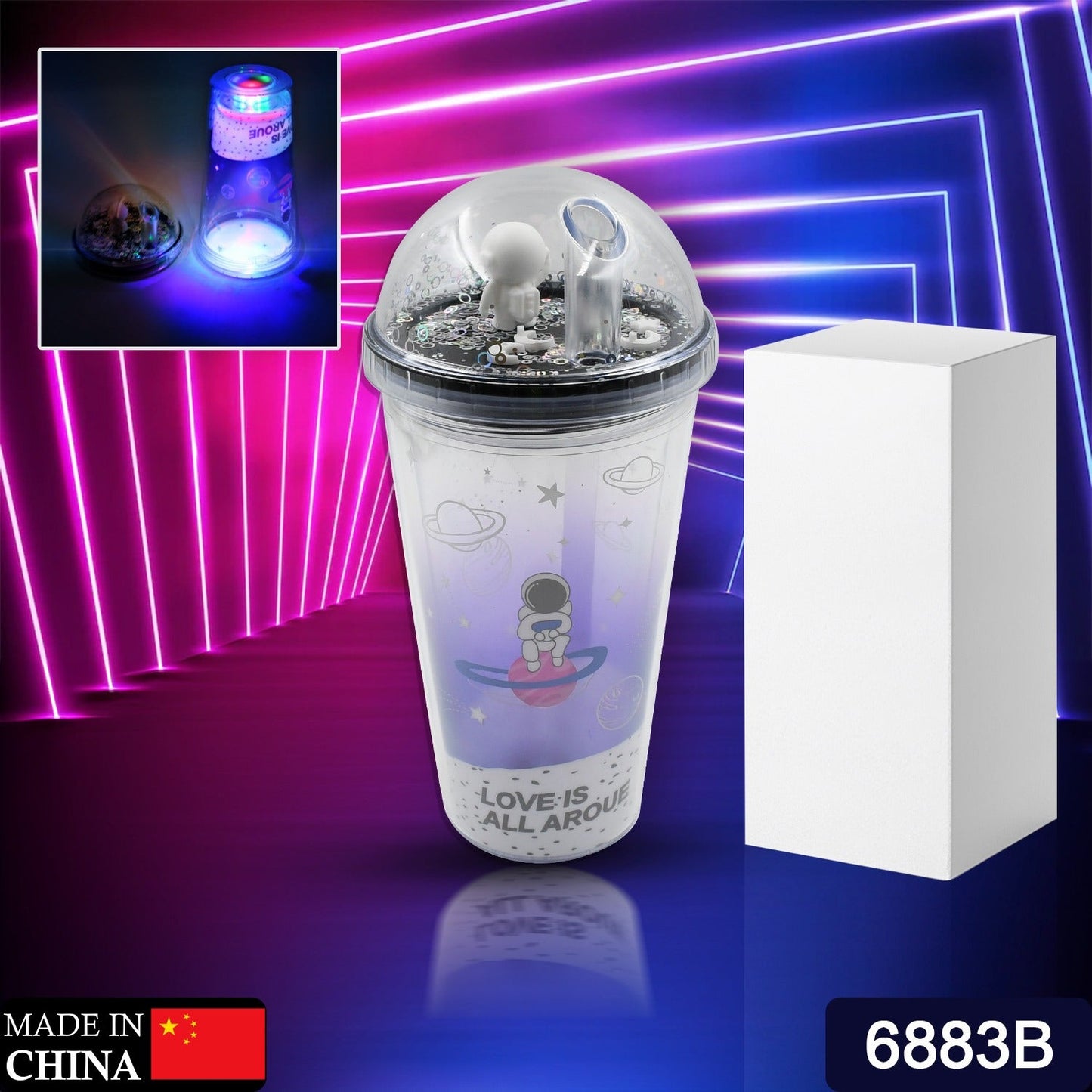 LED Glow Light, Design Printed Insulated Double Wall Plastic Tumbler Cups With Straws 13oz Theming Astronaut in Space Travel Tumbler Freezer Mug Drinking Cups for Boys and Girls School/Tuition/Gym/ Picnic (Pack Of 1) - Springkart 