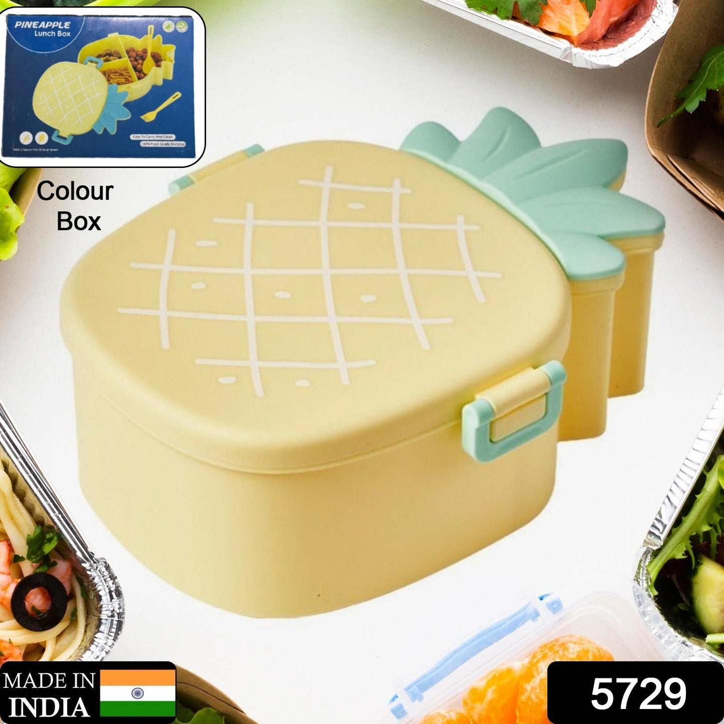 Kids Lunch Box Cute Pineapple Shaped Bento Box with Fork Spoon Snack Container Microwave Portable Office Lunch Box (1 Pc / With Spoon, Fork & Color Box) - Springkart 