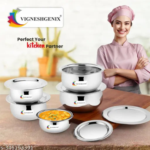 VIGNESHGENIX (5-Piece) Stainless Steel Kitchen Serving & Cooking Handi With Lid | Multi Purpose Cookware Bhaguna |Set of-1500ML,1100ML,800ML,600ML,400ML |Airtight Lids for Improved Food Safety (CIBA)
