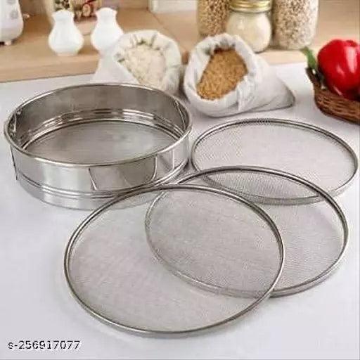 Stainless Steel 4 in 1 Interchangeable Sieve Set of 5, Flour Chalni, Spices, Food Strainers, Atta Chalni, Jaali Channi Atta Maida Strainer - Springkart 