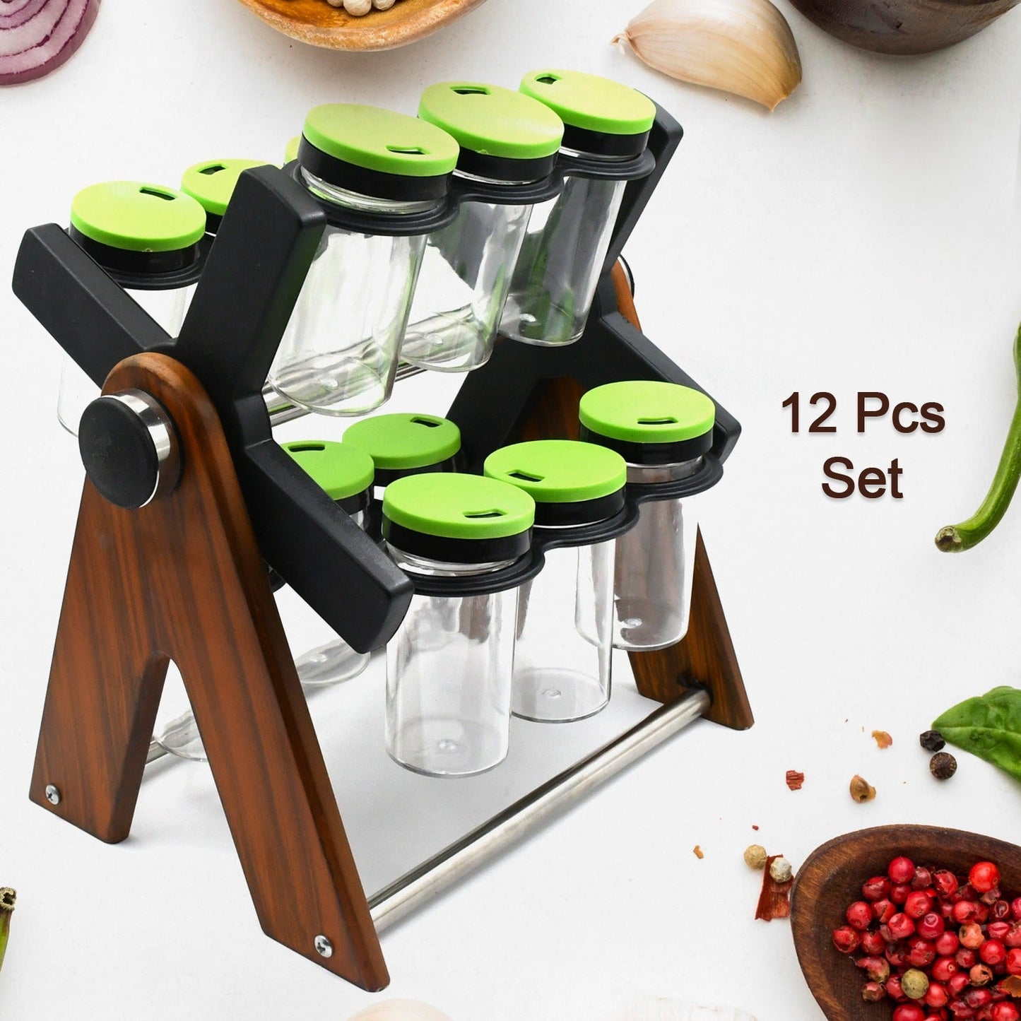 Miracle Multipurpose Wooden Spice Rack for Kitchen 12 Jars | 360 Degree Revolving Masala Box Container Spice Rack Containers Set (12 pcs Set) - Springkart 