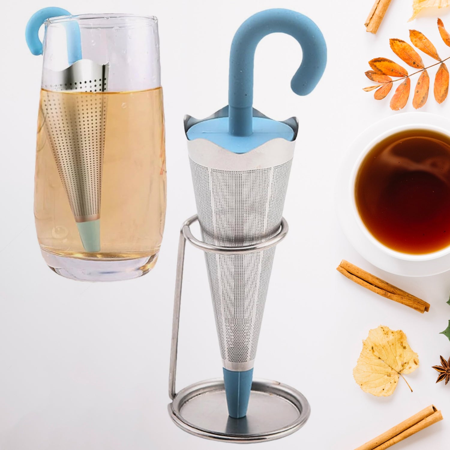 Reusable Cute Umbrella Tea Strainer With Tray Stand (1 Pc) - Springkart 