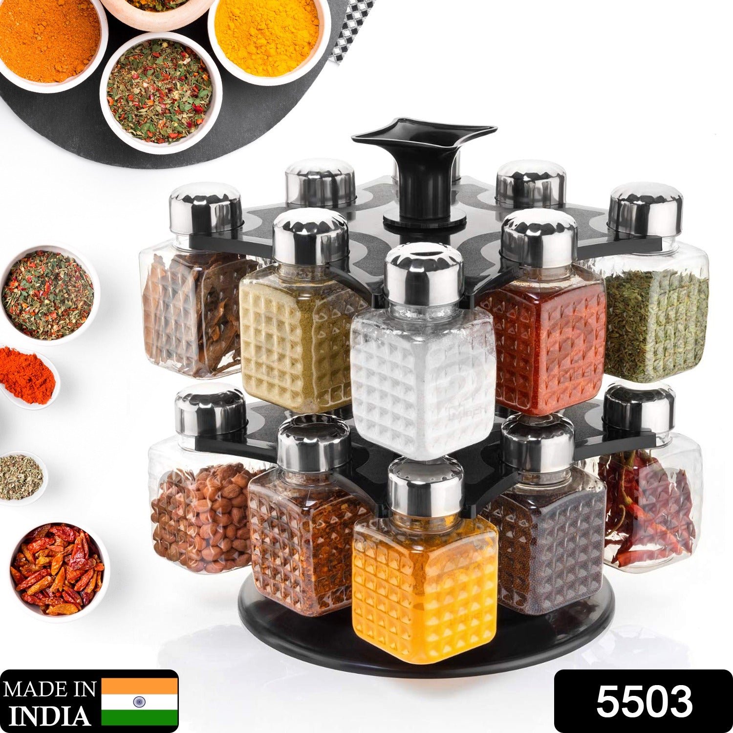 5503 All New Square 16 Bottle Design 360 Degree Revolving Spice Rack Container Condiment Pieces Set Square Small Container - Springkart 