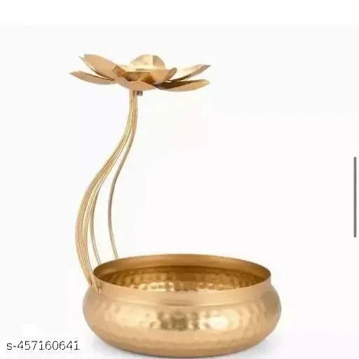 Metal Tealight Candle Holder for Diwali Decoration Items with Base of Urli Bowl - Gold (Height 10 Inch),