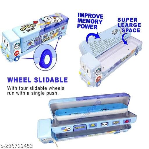 Bus Shape Pencil Box (Blue) School Bus Metal Geometry Box for Kids - Springkart 