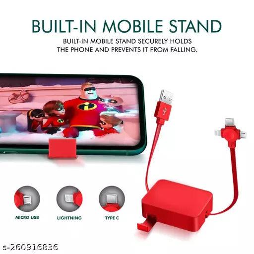 3 in 1 Retractable Fast Charging Cable with Type C, Lightening, Micro USB Port and Inbuilt Mobile Holder Compatible - Springkart 