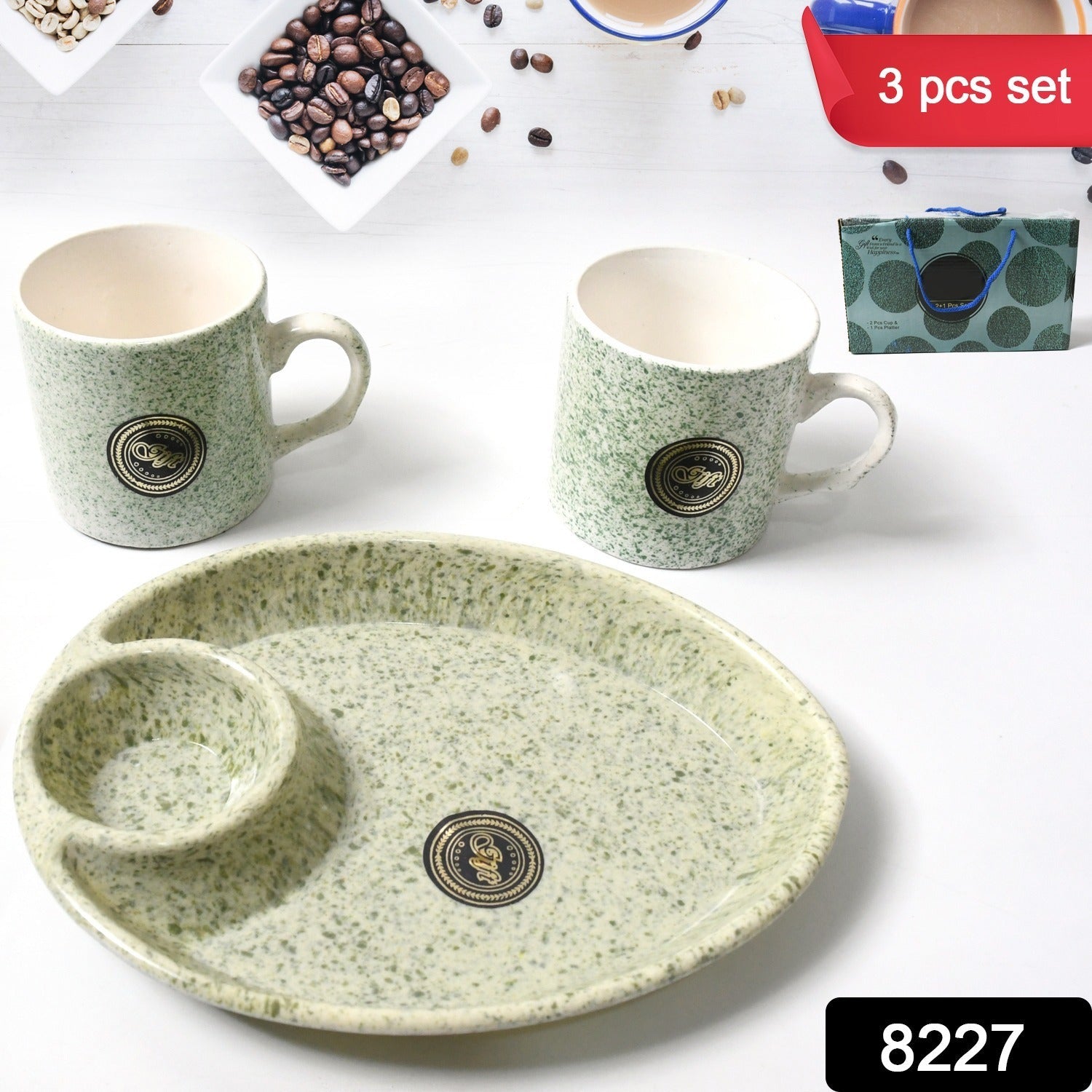 Alpino Ceramic Tea / Cups Set With Plastic Serving 2 Compartment Platter, Milk Cup / Mug, Coffee Cup, Tea Cup BPA Free Food Grade, or Outdoor for Household Gift For Birthday (3 Pcs Set) - Springkart 