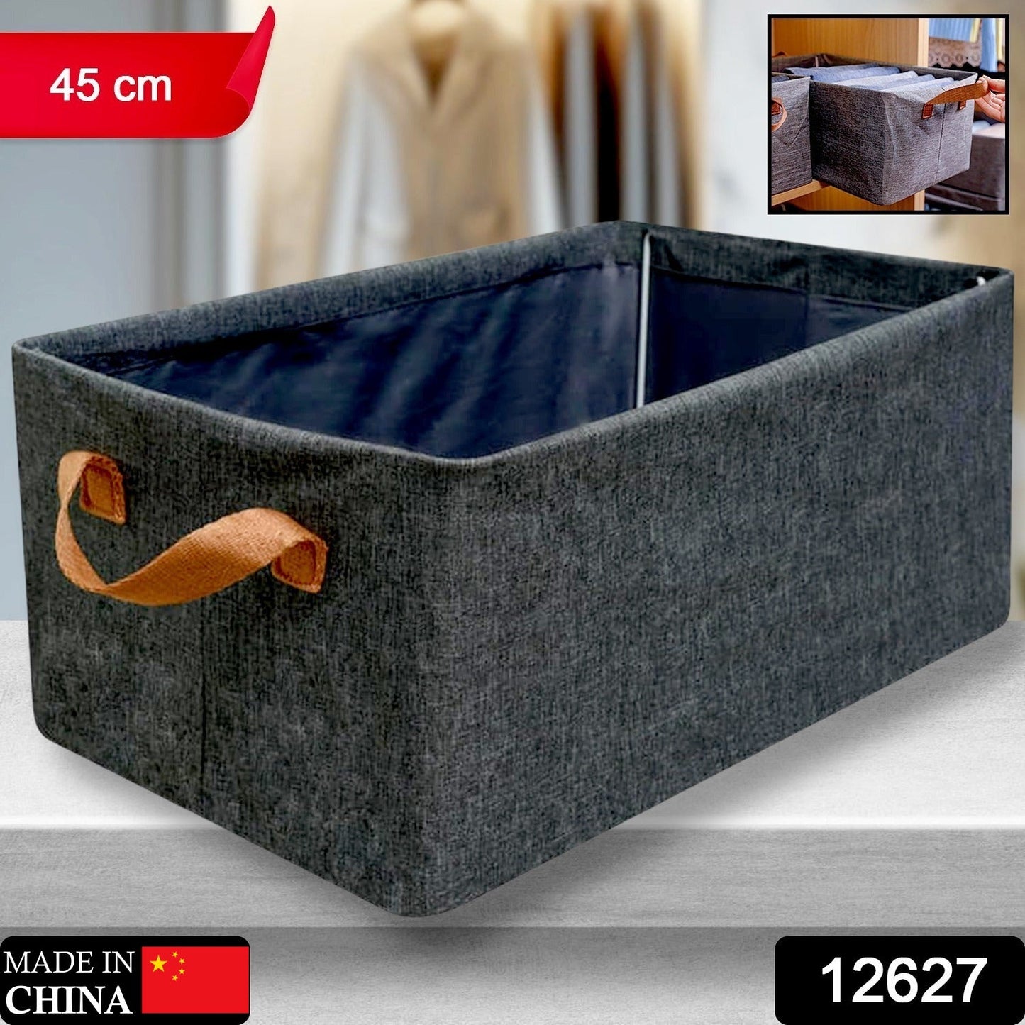 FOLDABLE STORAGE BOX WITH LID AND HANDLES, COTTON AND LINEN STORAGE BINS AND BASKETS ORGANIZER FOR NURSERY, CLOSET, BEDROOM, HOME (45 Cm) - Springkart 