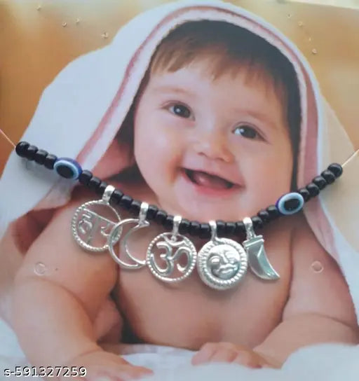 Shree Jee Jewellers Pure Silver Nazar Pendant for New Born Babies kids in Silver Chand, Suraj, haaye, Evil Eye & Om Pendants, Black Pure Cotton Thread Protection