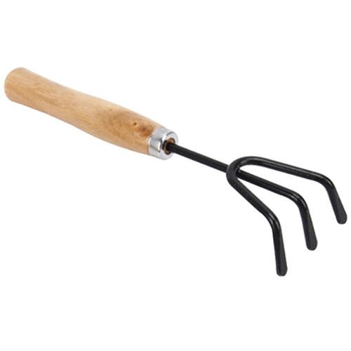 Gardening hand cultivator, steel with black grip.