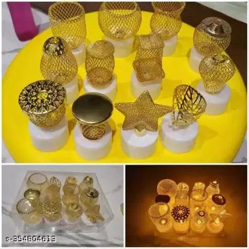 12 Different Design Candel , Diya Mini LED Candles | LED Tealight Candle Candle (Gold, Pack of 12) - Springkart 