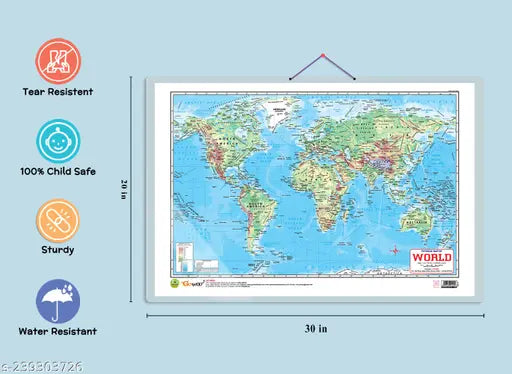 Set of 2 | 2 IN 1 INDIA POLITICAL AND PHYSICAL MAP IN ENGLISH and 2 IN 1 WORLD POLITICAL AND PHYSICAL MAP IN ENGLISH Educational Charts | 20"X30" inch