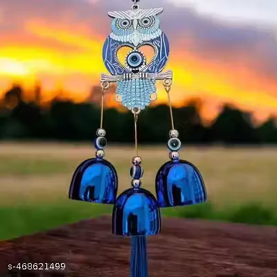 3 Bell Evil Eye Wind Chime with Owl Design - Unique Hanging Ornament for Home Decorative Showpiece - 25 cm (Metal, Blue)