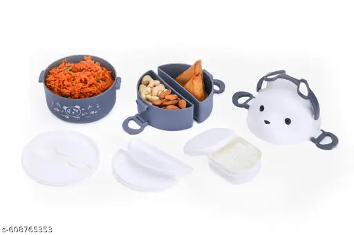 kid lunch box for kids lovely teddy bear with one small box and two spoon Grey Teddy bear lunchbox