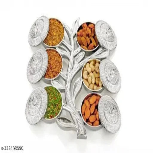 Multipurpose Tree Shape 6 Section Royal Design Silver Storage Dry Fruit (Pack Of 1)