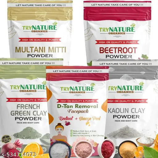 5Pack Glow Booster Face Pack Combo Powders - Beetroot, French Green Clay, Detan, Multani Mitti & Kaolin Clay | For D-Tan Removal, Whitening, Anti Acne / Pimples & Deep Cleansing | All Skin Types (350g)