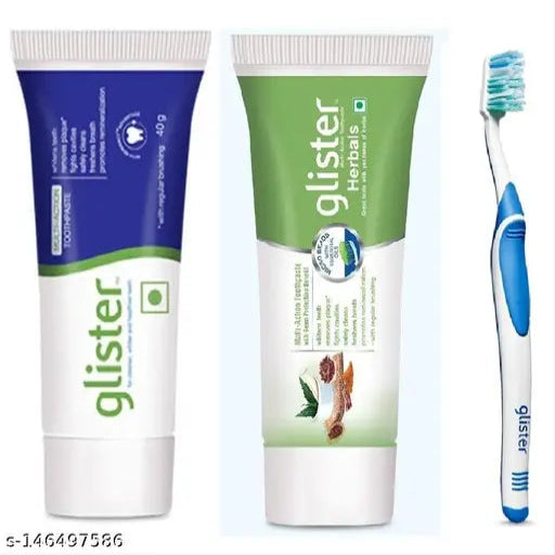 Glister Toothpaste & Glister Herbal Toothpaste (40g, Each) with 1 pc Glister Tooth Brush - Combo Pack