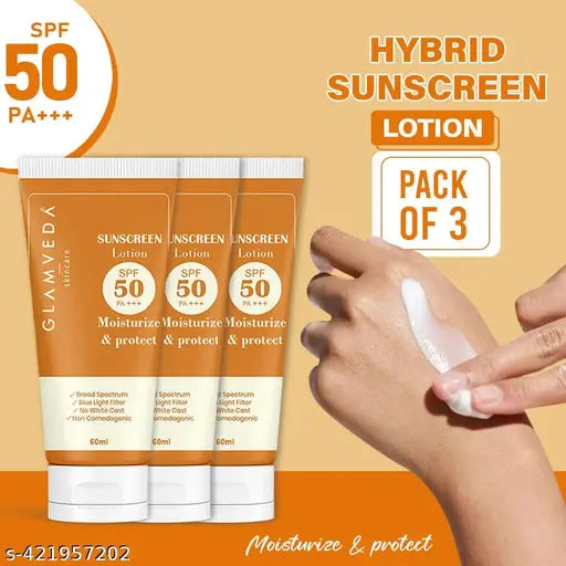 Glamveda Hybrid Sunscreen Lotion SPF 50 PA+++ Moisturize & Protect , UVA & UVB Protection With Vitamin E Formula | Non-Greasy, Quick Absorbing Matte Formula, No White Cast - Ultimate Skin Protection | Pack Of 3 180gm