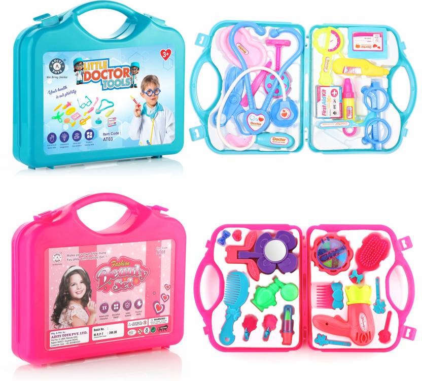 333MART Doctor & Beauty Playset Pretend Play Set combo with Foldable Suitcase(Blue/Pink)