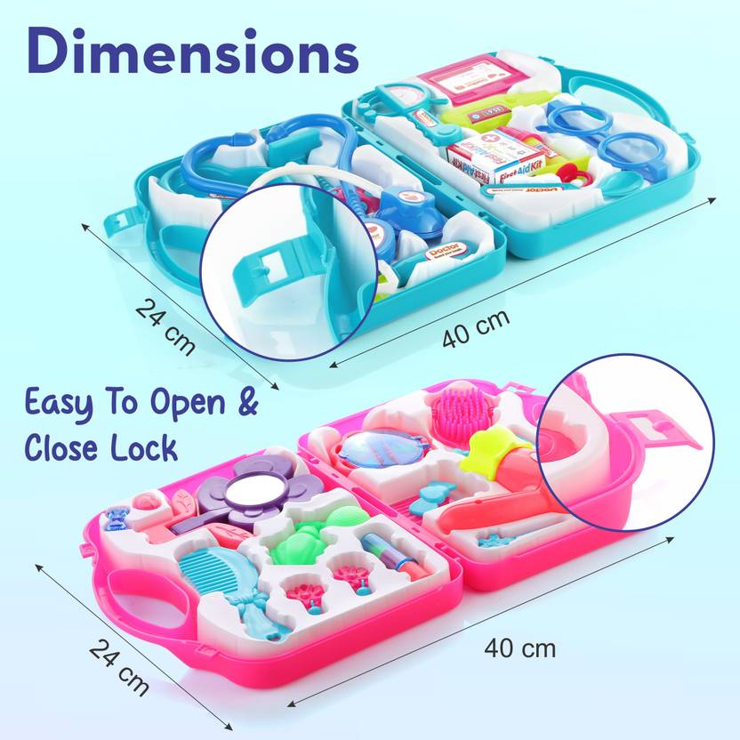 333MART Doctor & Beauty Playset Pretend Play Set combo with Foldable Suitcase(Blue/Pink)