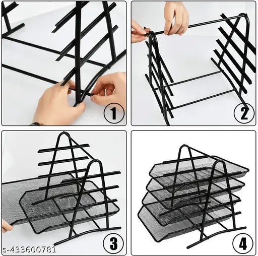 Metal Mesh 4 Trays Desktop Organizer/Rack Storage for Home and Office Accessories Files/Documents/Letters/Magazine/Newspaper Holder