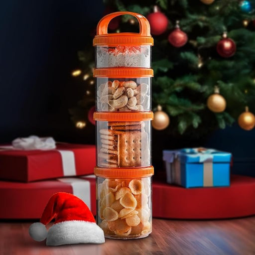 4-in-1 Modular Dry Fruit & Snack Storage Container – Airtight, Stackable Plastic Jars with Easy Carry Handle for Home & Travel Use