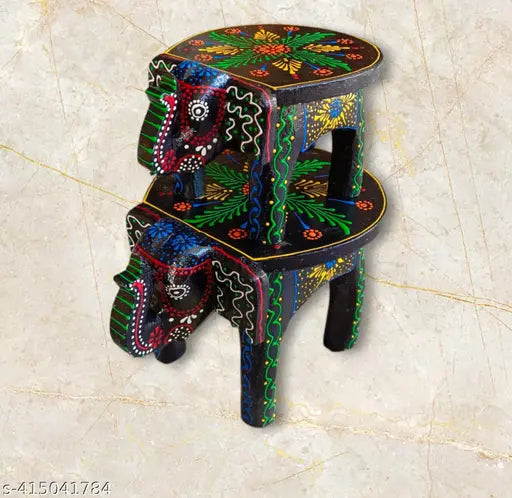 wooden painted elephant stool set of 2