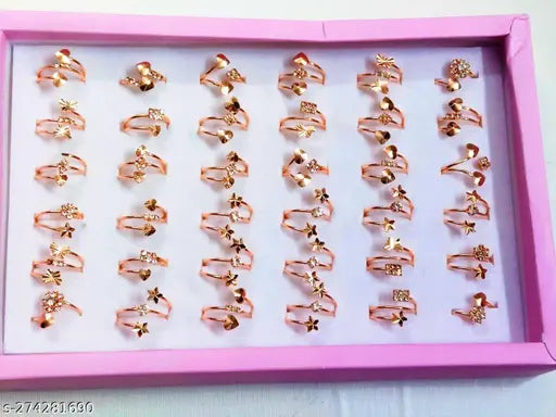 Pack of 36 Metal, Alloy Golden plated Rings for Girls, Women(1 Box 36 Rings)