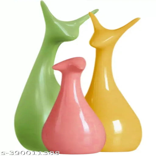 EARTHYSTONE Modern Lucky Deer Family Set – Elegant Ceramic Decorative Statues with Piano Finish – Yellow, Pink & Green – Home & Office Table Décor – Gift Showpiece (Set of 3)