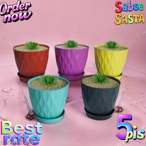 6 inch Plant Pots, 5 Pack Flower Pots Outdoor Indoor, Planters with Drainage Holes and Tray Saucers（Multicolor）