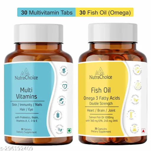 Nutra Choice Multivitamin and Fish Oil Combo | Multivitamin Tablets with Probiotics & Prebiotics (30 Tablets) + Maximum Strength Omega 3 Fish Oil 1000mg Capsule 30 Count (360 Mg EPA & 240 Mg DHA)
