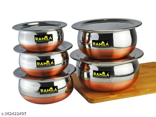 Ramila Stainless Steel Copper Bottom Handi Kitchen Serving & Cookware Bowl Cooking Bowl Handi Set 5-Pieces Biryani Handi Set-Capacity 1500ml,1000ml,750ml,500ml,300ml