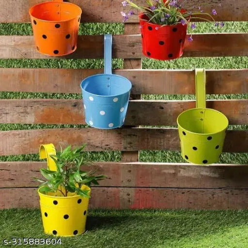 Hanging railing planters metal flower pot showpiece hanging planters Galvanized Iron Polka Dot Round Railing Planter,decorative pot basket flower pot plant baskets   Set of 5