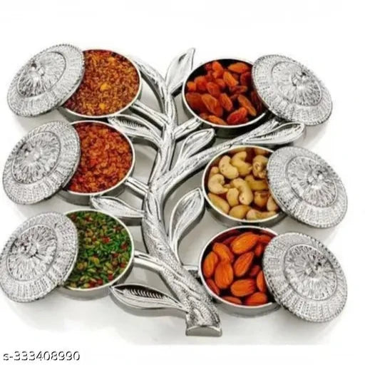 Multipurpose Tree Shape 6 Section Royal Design Silver Storage Dry Fruit (Pack Of 1)