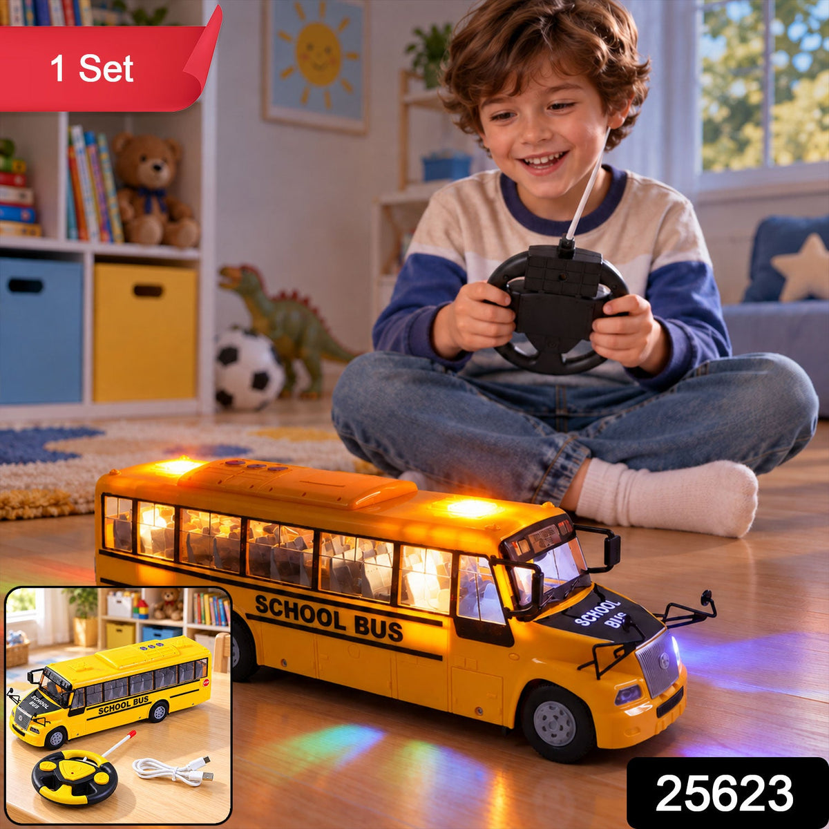 Rechargeable Remote Control School Bus Toy With Lights And Music (1 Set)