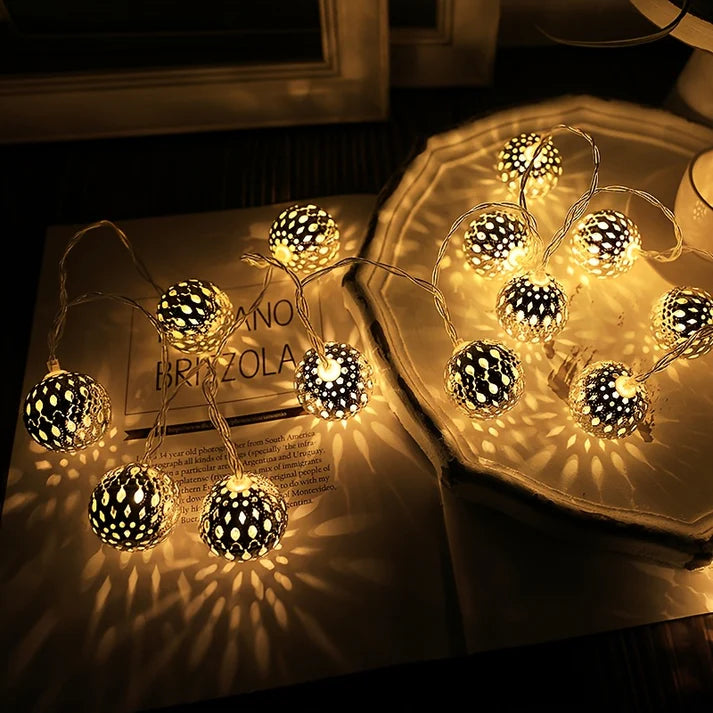 Metal Ball String Lights 20 LED Indoor & Outdoor Decor - Intricate Pattern, Wire LED for Living Room, Dining, Parties, Festivals