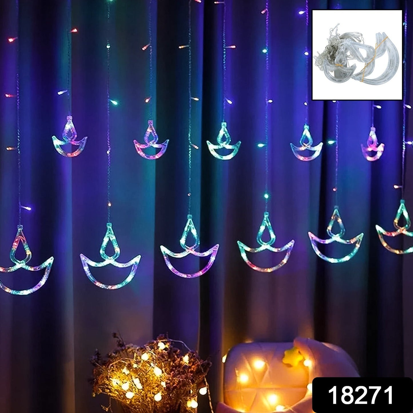Multicolor 12 Diya Curtain String Lights, Window Curtain Lights with 8 Flashing Modes Decoration Light (Multi Color) - Springkart 