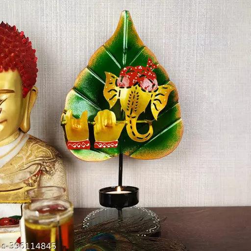 Hand Crafted Metal Lord Ganesha Leaf T-Light Candle Holders - Springkart 