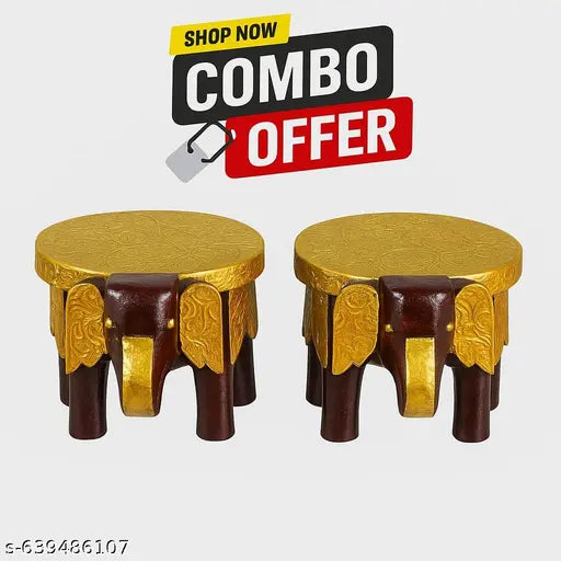 Handcrafted Wooden Elephant Stool Set | Golden Embossed Design | Combo of 2 Decorative Stools