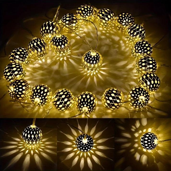 Metal Ball String Lights 20 LED Indoor & Outdoor Decor - Intricate Pattern, Wire LED for Living Room, Dining, Parties, Festivals