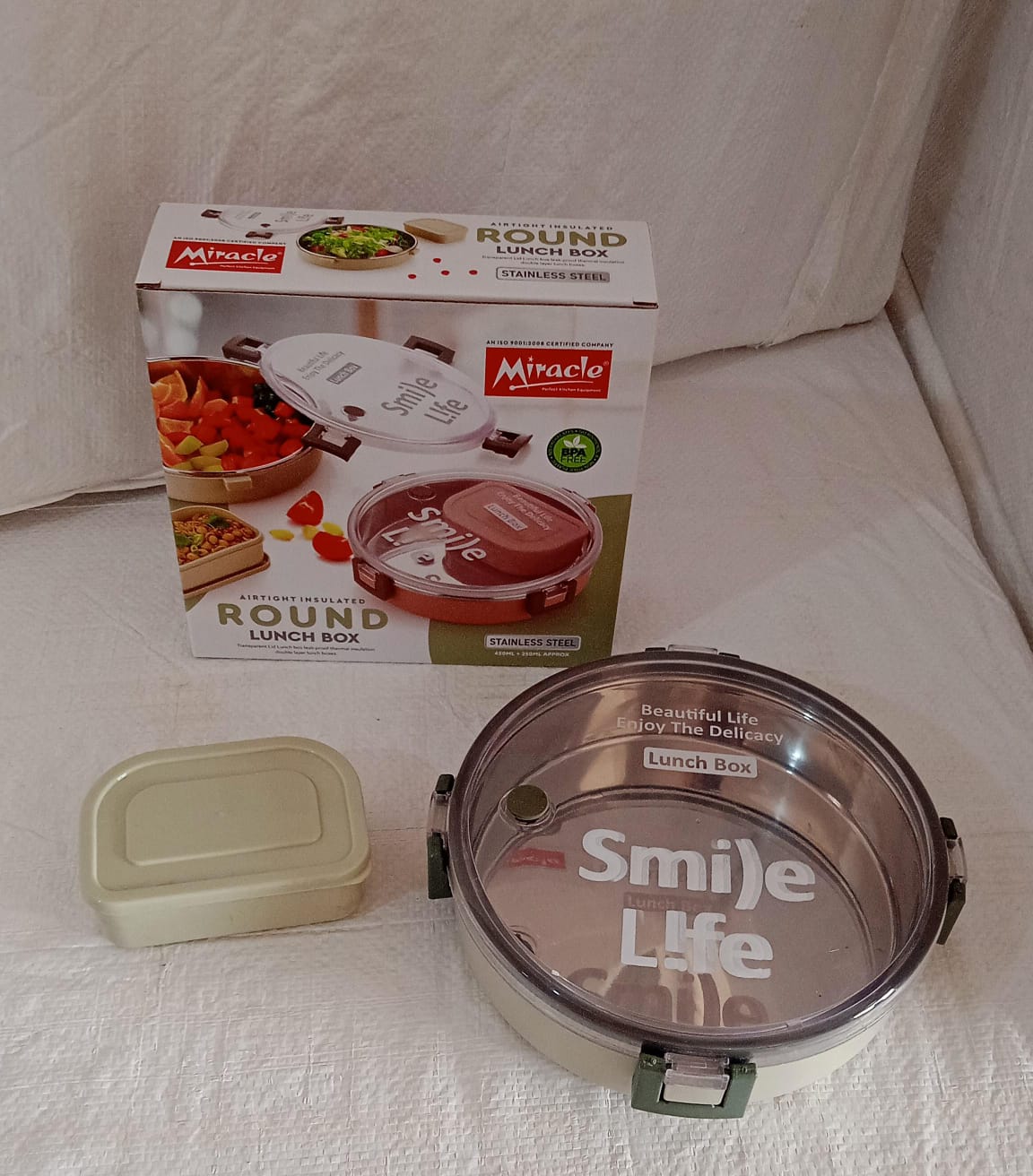 Miracle Stainless Steel Round Lunch Box, with Small Plastic Box Insert Leak Proof Lunch Box with Transparent lid, Lunch Box for Kids & Adults for School, Office (450 ML + 250 ML Approx) - Springkart 