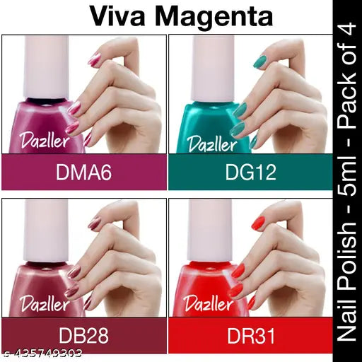 Dazller Quick Dry Long Lasting Nail Polish Pack of 4 Multicolor Combo -Viva Magenta