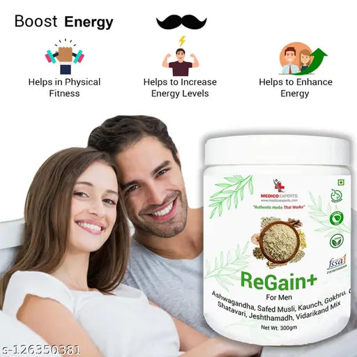 MedicoExperts ReGain+ For Men 300gm (For 1 month) Helps in Managing Performance, Stamina & Stress | Enriched with Ashwagandha Powder ,  Safed Musli, Kaunch, Gokhru, Shatavari, Jeshthamadh & Vidarikand Powder