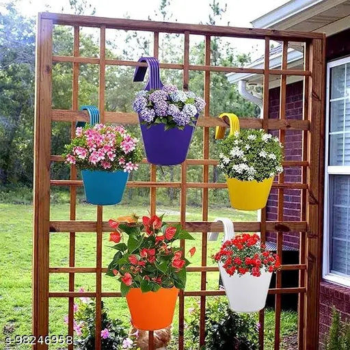 Plastic Single Hook Hanging/Railing Pot Planter Flower Pots, Multicolour Set (Pack of 6)-Medium Size