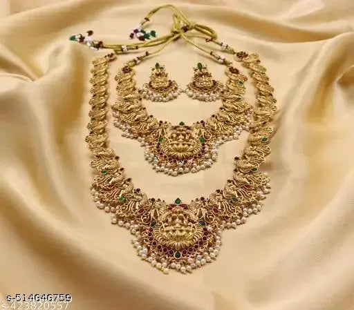 Exquisite Matte Gold Plated Temple Necklace Haram Earrings Combo Set